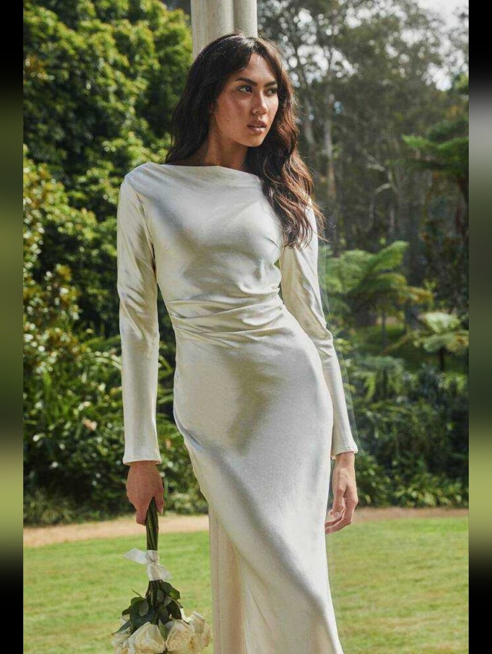 Selfie Leslie Long Sleeve Cream Satin Maxi Dress - Picture 4 of 5
